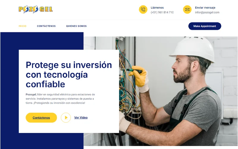 Diseño anterior de Pozogel, con fotografía de un técnico y presentación de sus servicios
